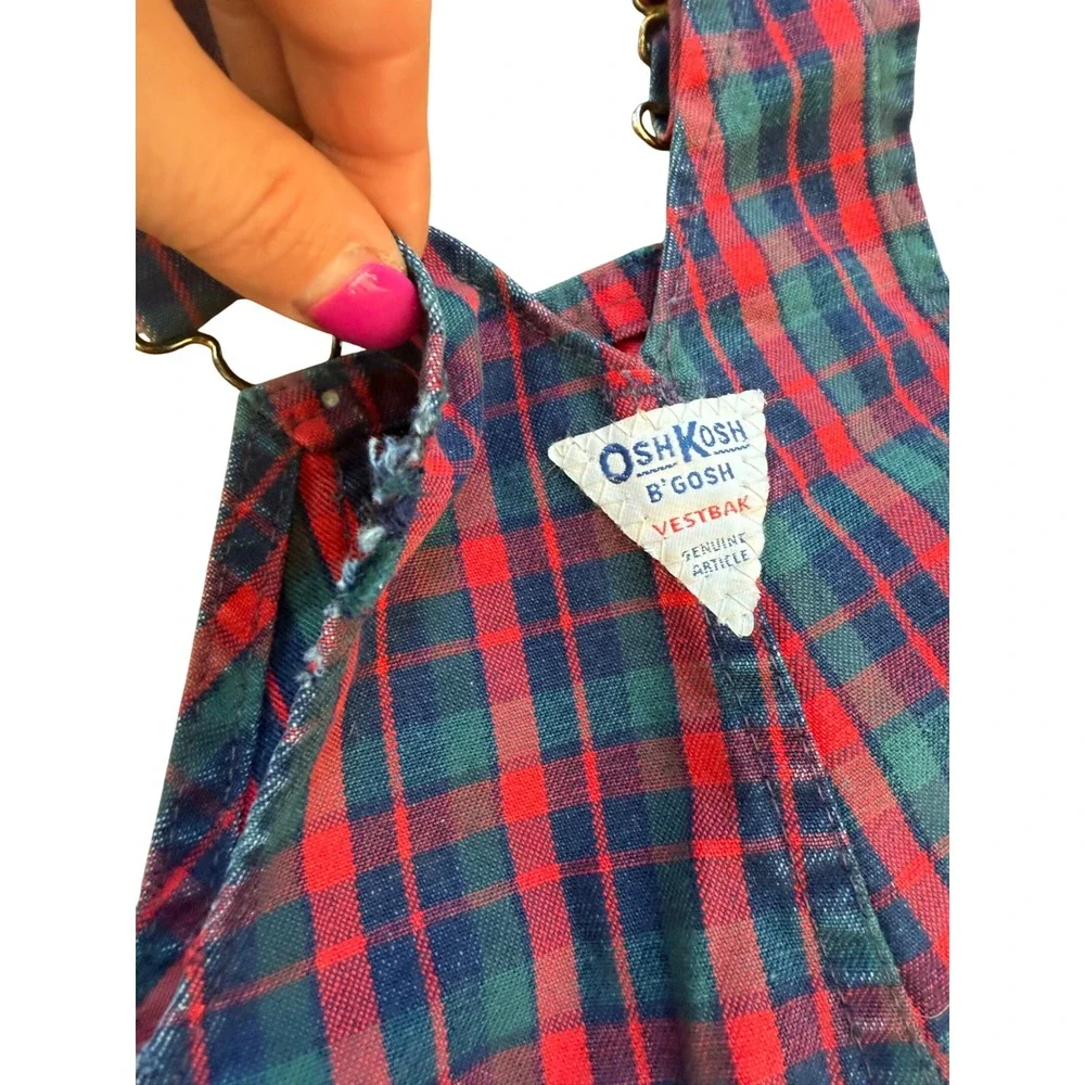 Vintage OshKosh Bgosh Vestbak Plaid Overalls Red Blue Green 18‎ Months USA Made